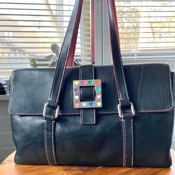 Vintage Dooney & Burke HEART Buckle Black Leather Shoulder Bag - Picture 2 of 13